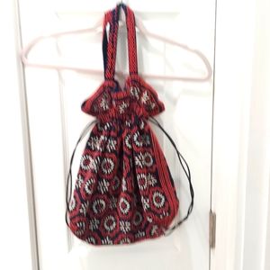 Beaded drawstring bag Red White Navy